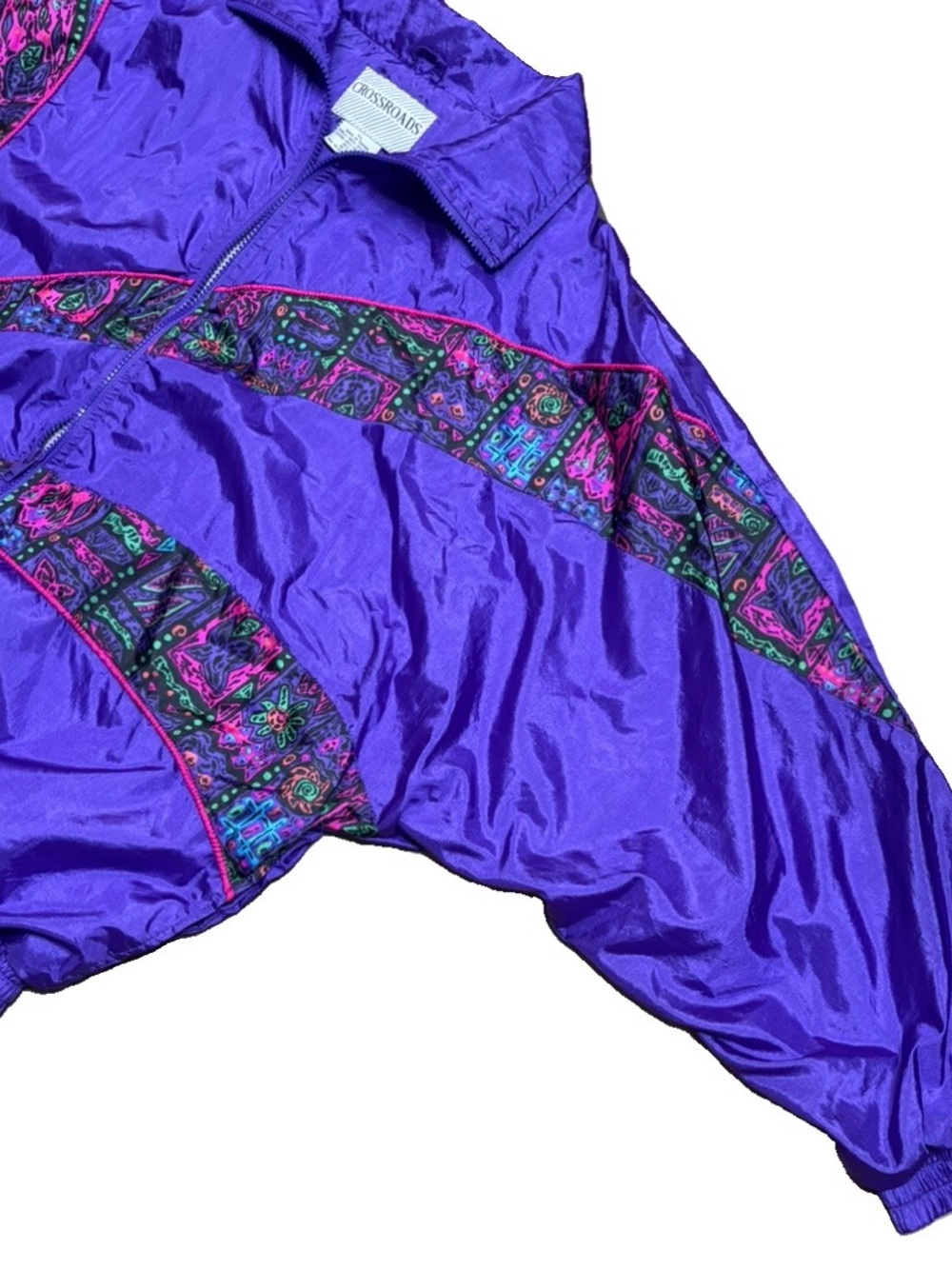 Vibrant Purple Women’s Retro Bomber Jacket with Patterned Panels - Picture 2 of 15